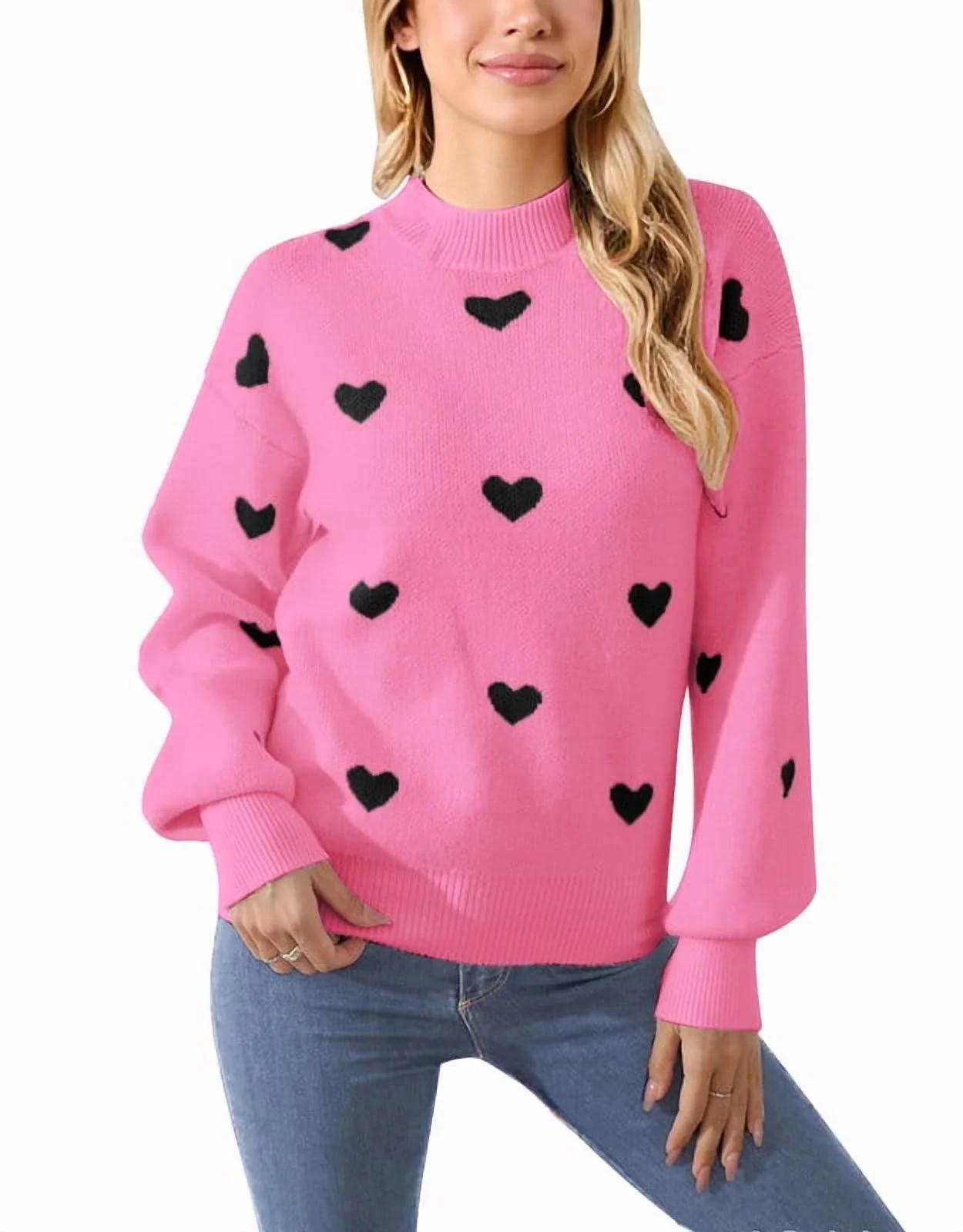 Drvitor Valentines Sweaters for Women Mock Neck Lantern Sleeve Cute Heart Sweater Casual Loose Kn... | Walmart (US)