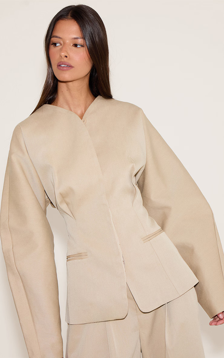 Sand Premium Woven Tailored Collarless Blazer | PrettyLittleThing UK