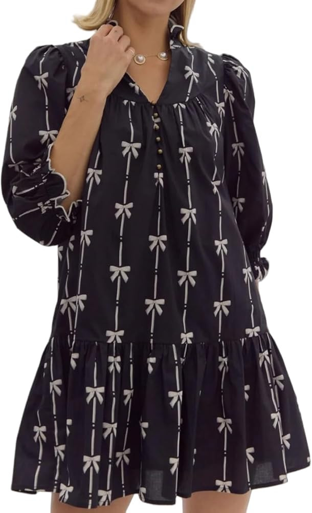Women Puff Three-Quarter Sleeve Mini Dress Mock V Neck Babydoll Short Dress with Bow Print | Amazon (US)