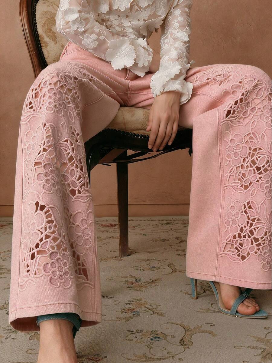 Anewsta Women's High-Waisted Dusty Pink Flare Jeans,Elegant Embroidered Hollow-Out Jeans For Summ... | SHEIN