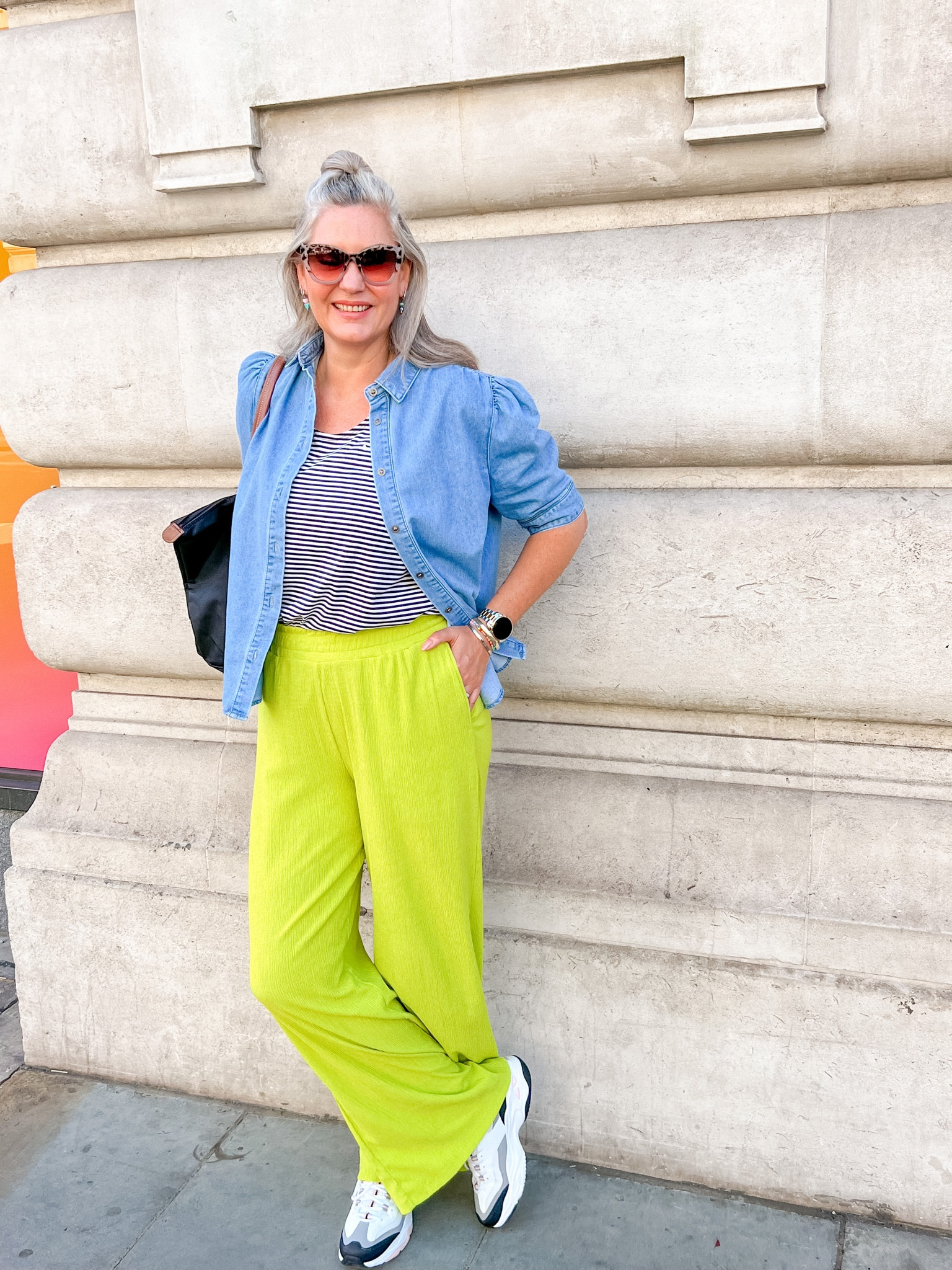 Outfits of the week 

Sunday morning in sunny London. Getting some shopping done before I head back home. 

Wearing a short sleeved denim shirt (Norah, 40) over a striped tank top (Nike, old) and the lovely long line green plissé trousers (local boutique and Skechers sneakers to keep me going. 

Longchamp le Pliage tote, Michael Kors sunglasses. 

#LTKeurope #LTKtravel #LTKstyletip