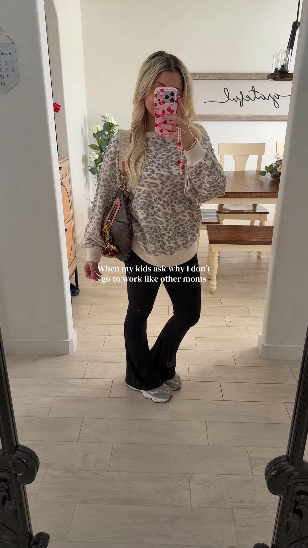 OOTD 
Xs leopard sweater 
Small flare leggings 
New balance tts
Lv bumbag 
Cherry charm

#LTKootd