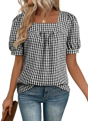 EVALESS Tops for Women Short Sleeve Tunic Blouse Dressy Casual Square Neck Gingham Tops Cotton Bl... | Amazon (US)