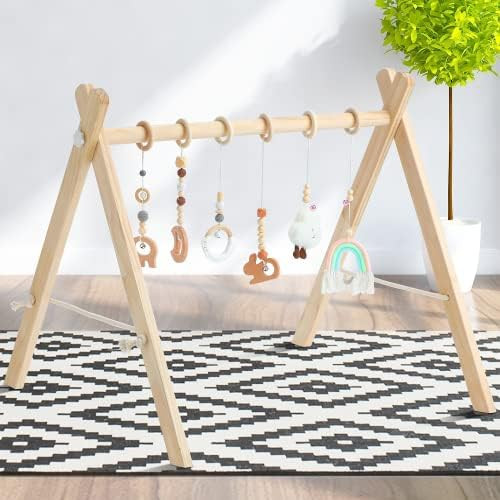 Golener Baby Play Gym Wooden Baby Gym with 6 Infant Activity Toys,Foldable Frame Hanging Bar,Todd... | Amazon (US)