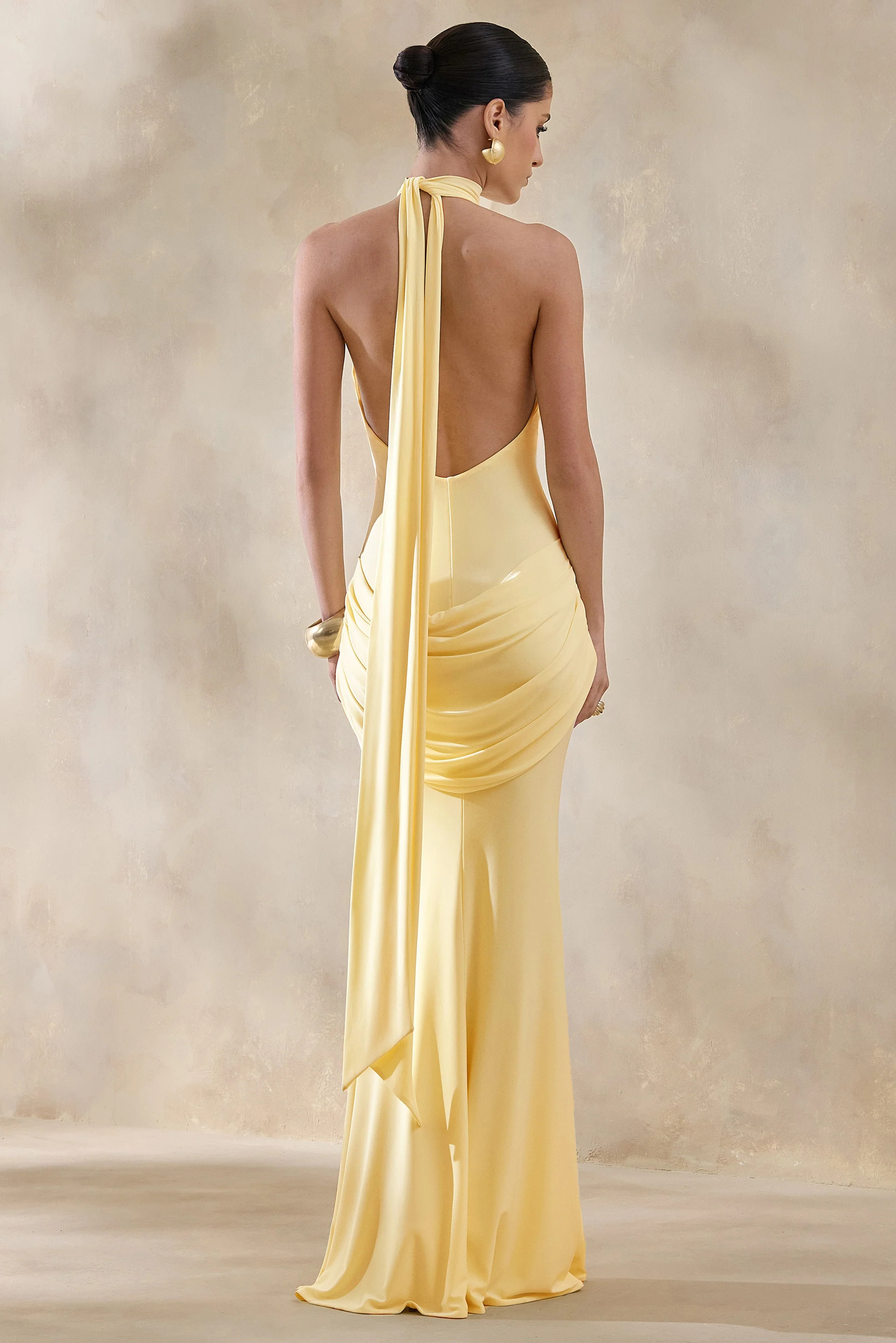 Daisy | Lemon Halter-Neck Maxi Dress With Draped-Detailing | Club L London