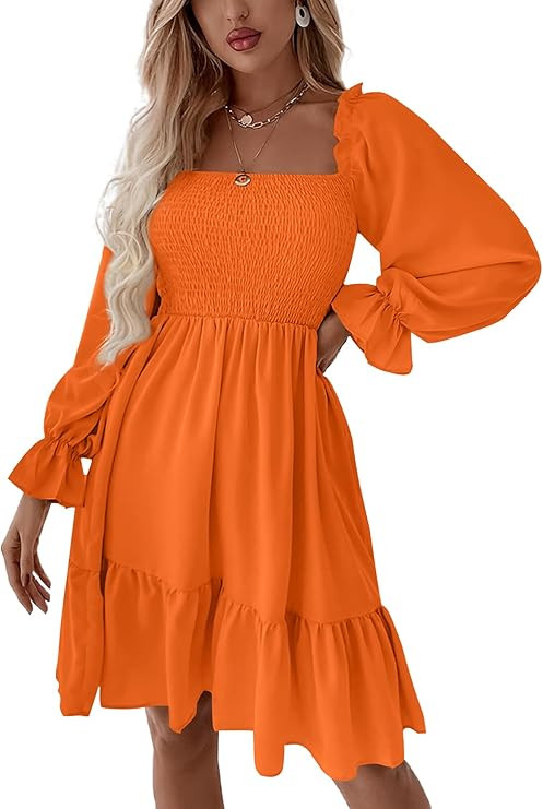 LYANER Women's Square Neck Lantern Long Sleeve Ruffle Shirred Flowy Party Mini Dress | Amazon (US)