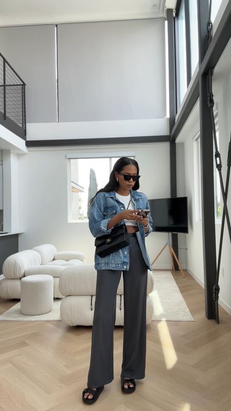 Elevated minimal everyday outfits | comfy causal running errands style: denim jacket, grey trousers medium double flap vintage Chanel, white t shirt outfit, spring fashion, chunky black sandals

#LTKshoecrush #LTKstyletip
