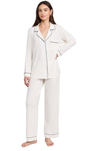 Eberjey Women's Gisele The Long Pajama Set, Pure Ivory/Navy, M | Amazon (US)