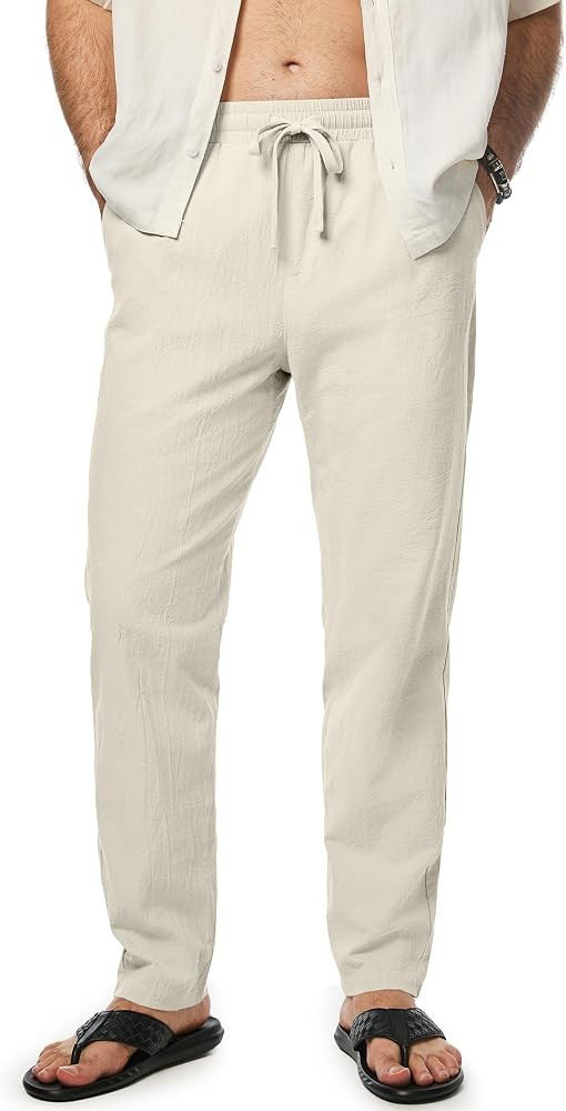 JMIERR Mens 100% Cotton Pants Casual Elastic Waist Drawstring Lightweight Summer Beach Trousers w... | Amazon (US)