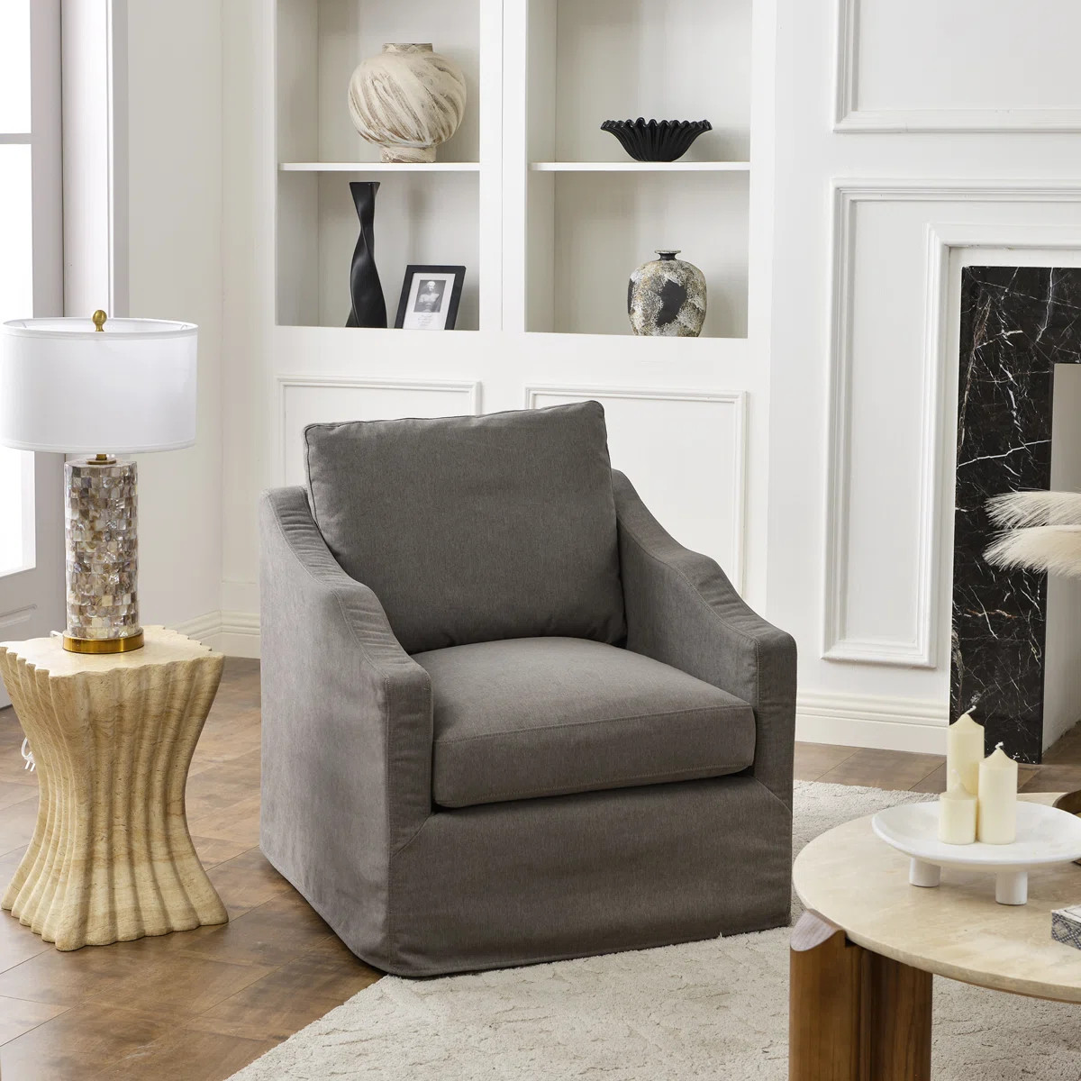 28" Wide Down Fill Upholstered Slipcovered Swivel Barrel Chair | Wayfair North America