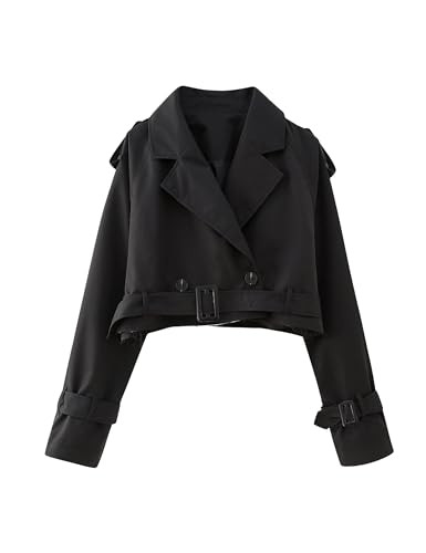 Amazon.com: Xiaoxuemeng Womens Cropped Bike Jacket Casual Double Breasted Trench Coat with Belt (... | Amazon (US)