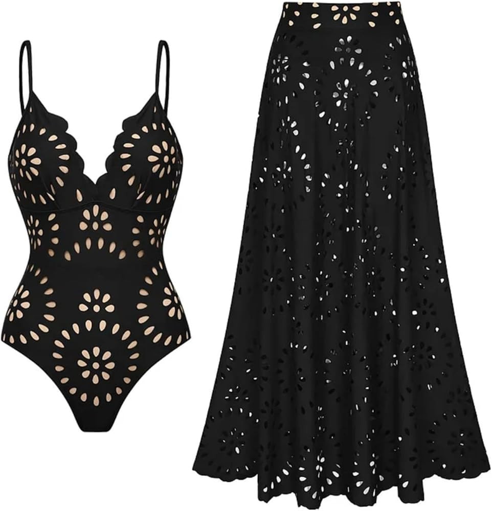 FLAXMAKER Women's One Piece Bathing Suit Petal Hollow V Neck Swimsuit and Skirt | Amazon (US)