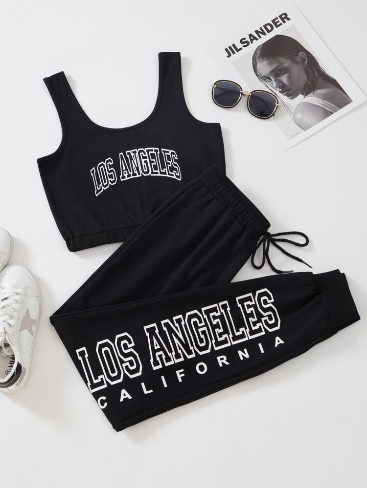 Letter Graphic Tank Top & Drawstring Waist Sweatpants | SHEIN