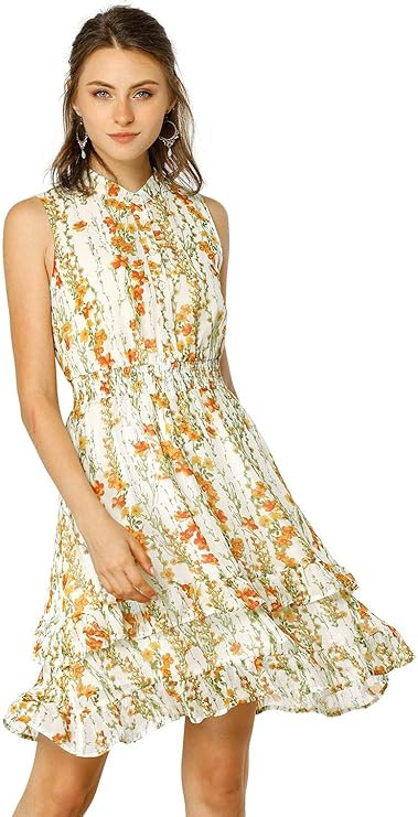 Allegra K Women's Mini Smocked Dresses Sleeveless A-Line Chiffon Floral Dress | Amazon (US)