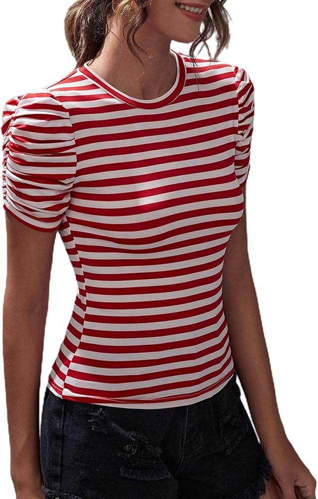 LilyCoco Womens Striped Shirt Short Puff Sleeve Tops Crew Neck Fitted Pirate Tees | Amazon (US)