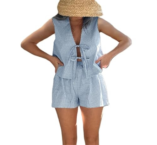 Women Casual Summer Lounge Set Y2k 2 Piece Outfits Set Sleeveless Tie Front Tank Top Vest Boxer Shorts Pj Set (Light Blue, XL) | Amazon (US)