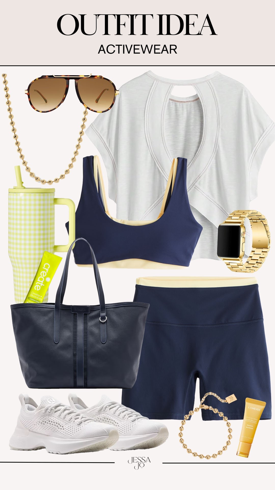 Summer activewear outfit idea. Summer active OOTD. Summer athleisure. Abercrombie YPB set. Navy yellow summer style. Yellow gingham hydrojug. Lululemon sneakers. Amazon active tank.

#LTKootd #LTKActive #LTKSeasonal