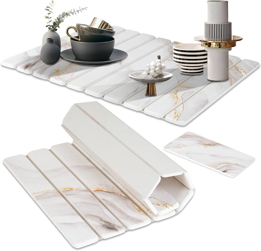 2 PCS | Large Stone Drying Mat for Kitchen Counter | Quick Dry Stone Mat with Sink Caddy | Collap... | Amazon (US)