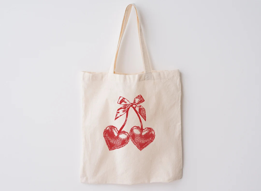 Cherry Tote Bag Coquette Tote Bag Hearts Tote Bag Coquette Bow Fruit Tote Bag Summer Tote Bag Coo... | Etsy (US)