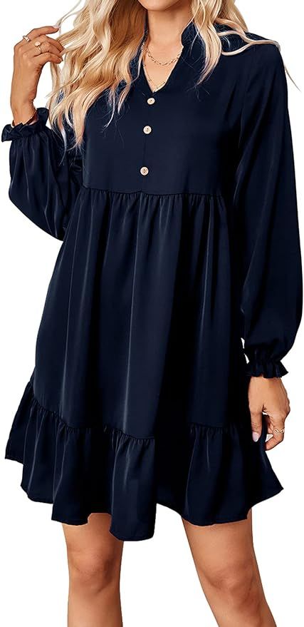 SOLERSUN Women's V Neck Shift Dresses Casual Long Sleeve Button Down Solid Ruffle Flowy Swing Dre... | Amazon (US)