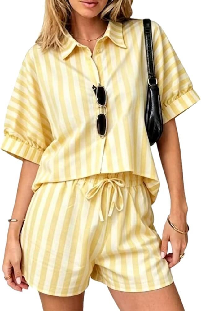 Womens 2 Piece Striped Set Short Sleeve Top Drawstring Waist Shorts | Amazon (US)