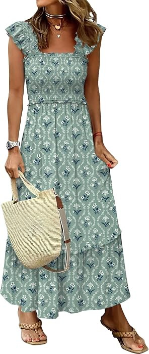 ANRABESS Womens Summer Sleeveless Maxi Dress Square Neck Smocked Boho Casual Ruffle Strap Flowy A... | Amazon (US)