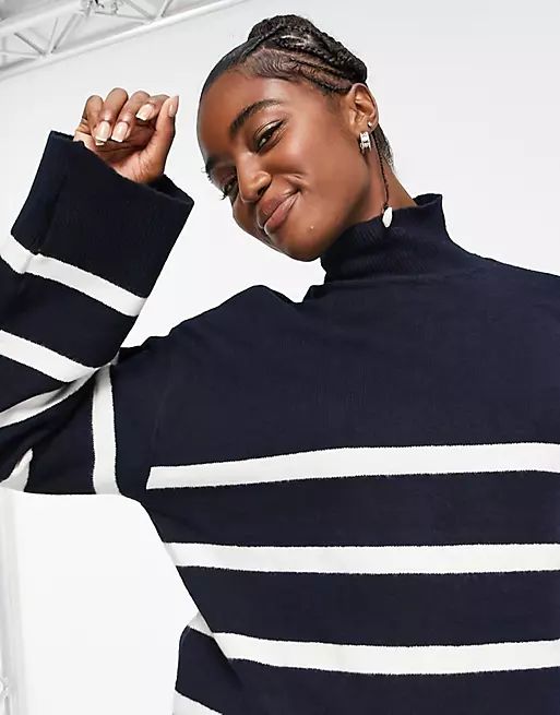 Pieces high neck sweater with wide sleeve in navy stripe | ASOS (Global)