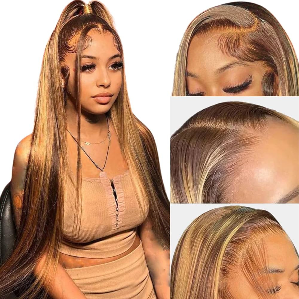 Ombre Lace Front Wig Human Hair 28inch Highlight 13x4 HD Straight Lace Front Wigs 180% Density 4/... | Amazon (US)