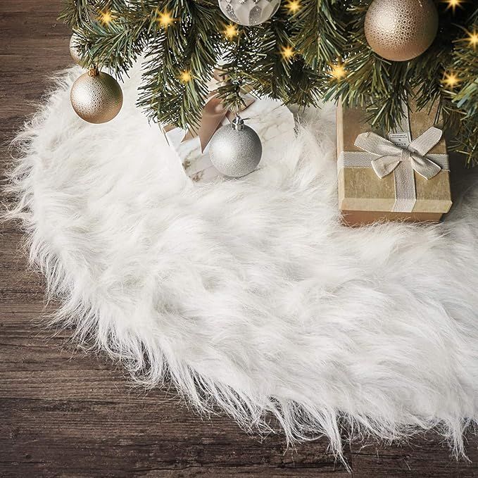 Ivenf Christmas Tree Skirt, 48 inches Large Snow White Luxury Thick Plush Faux Fur Skirt, Rustic ... | Amazon (US)