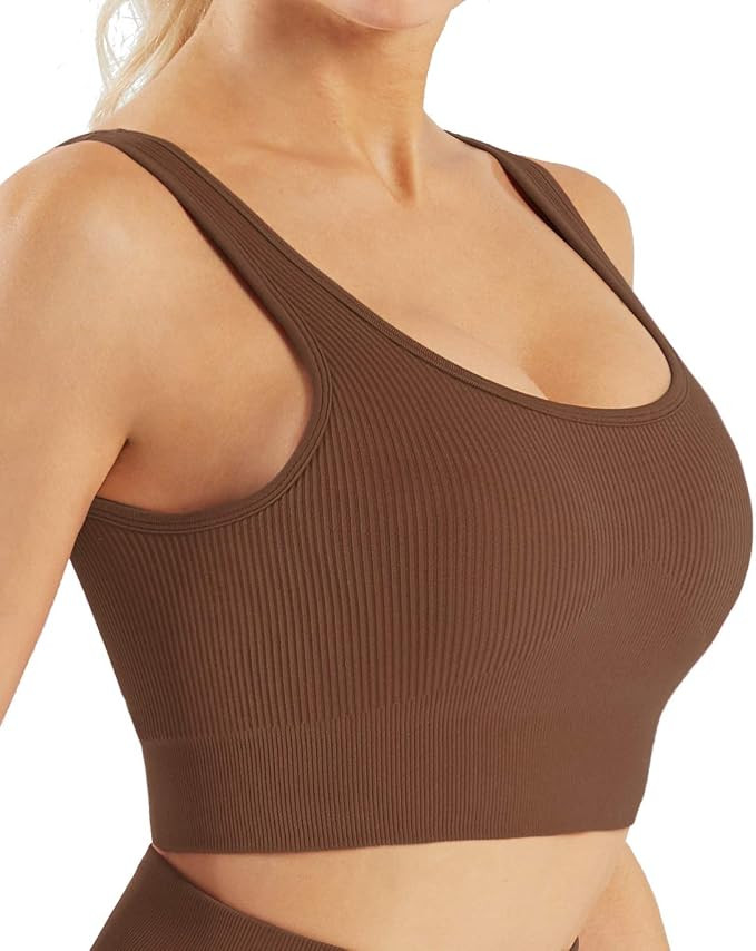 Women's Ribbed Workout Yoga High Waisted Leggings Short Sleeve Crop Top with Padded Stretch Sport... | Amazon (US)