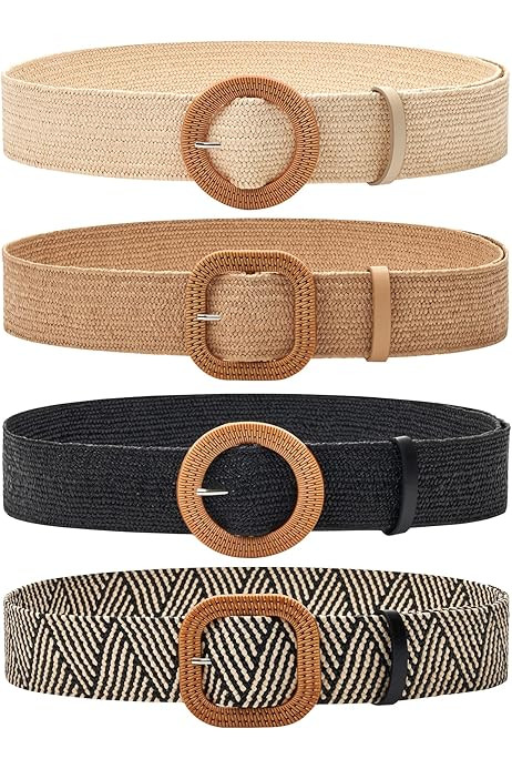 4 Pack Straw Woven Elastic Stretch Waist Belt Women Skinny Dress Belt Wooden Buckle Waist Dress Band | Amazon (US)