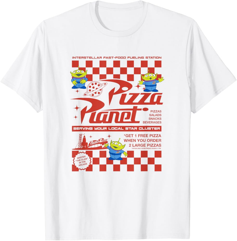 Disney Pixar Toy Story Pizza Planet Iconic Retro Flyer Logo T-Shirt | Amazon (US)