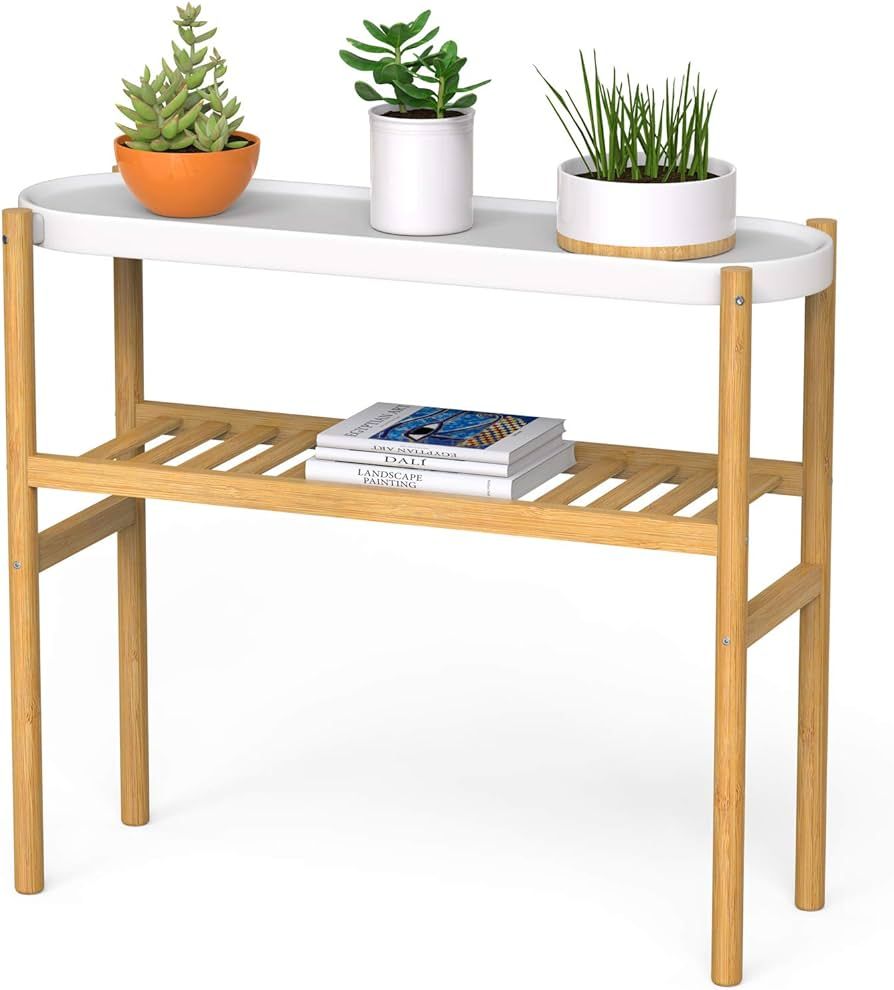 Wisuce Bamboo Shelf Indoor, 2 Tier Window Tall Stand Table for Multiple Plants | Amazon (US)