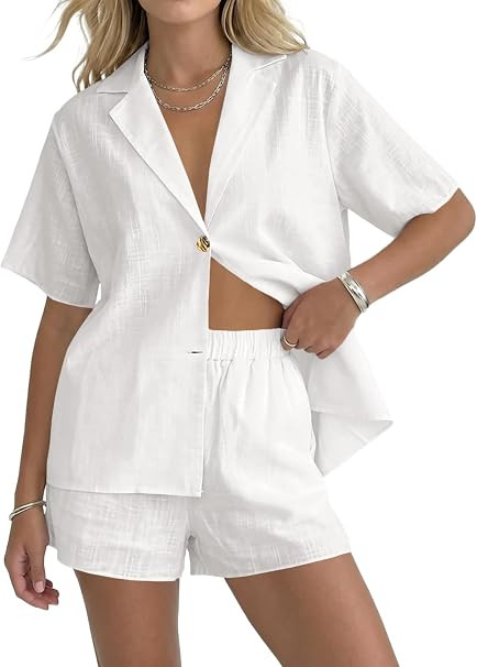 Fisoew Womens 2 Piece Sets Summer Button Down Collared Shirt Shorts Sets Beach Vacation Outfits C... | Amazon (US)