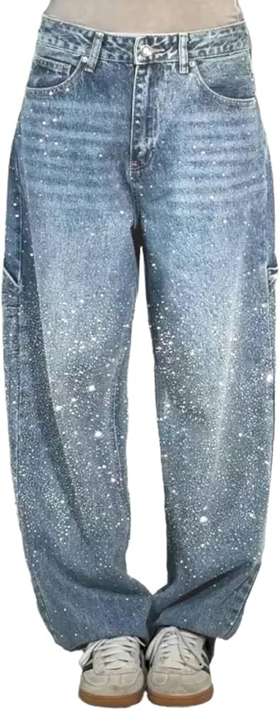 Women Baggy Rhinestone Jeans High Waist Straight Wide Leg Sparkly Bling Glitter Diamond Denim Pan... | Amazon (US)