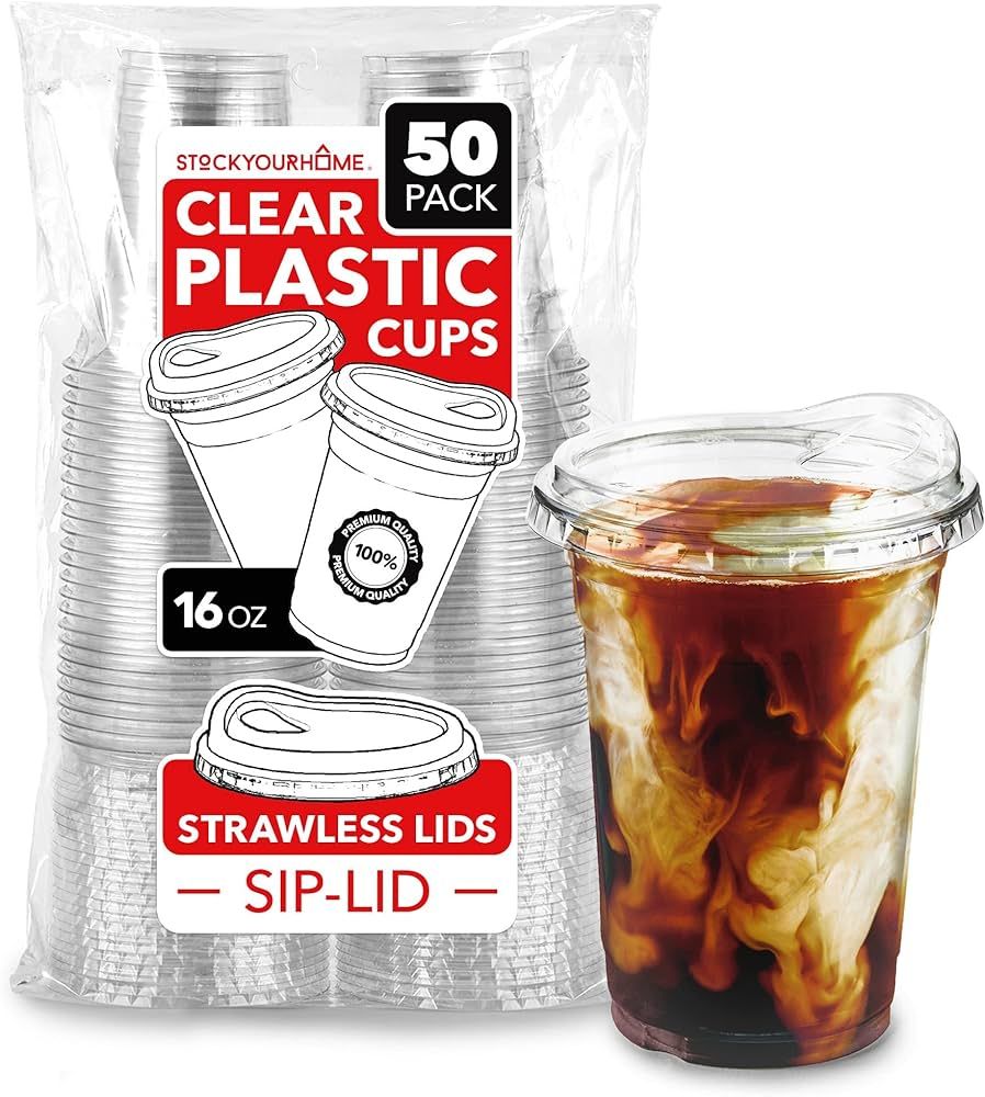 16 oz Clear Plastic Cups with Lids Disposable, Togo Drinking Cup with Strawless Sip Lid for Smoot... | Amazon (US)