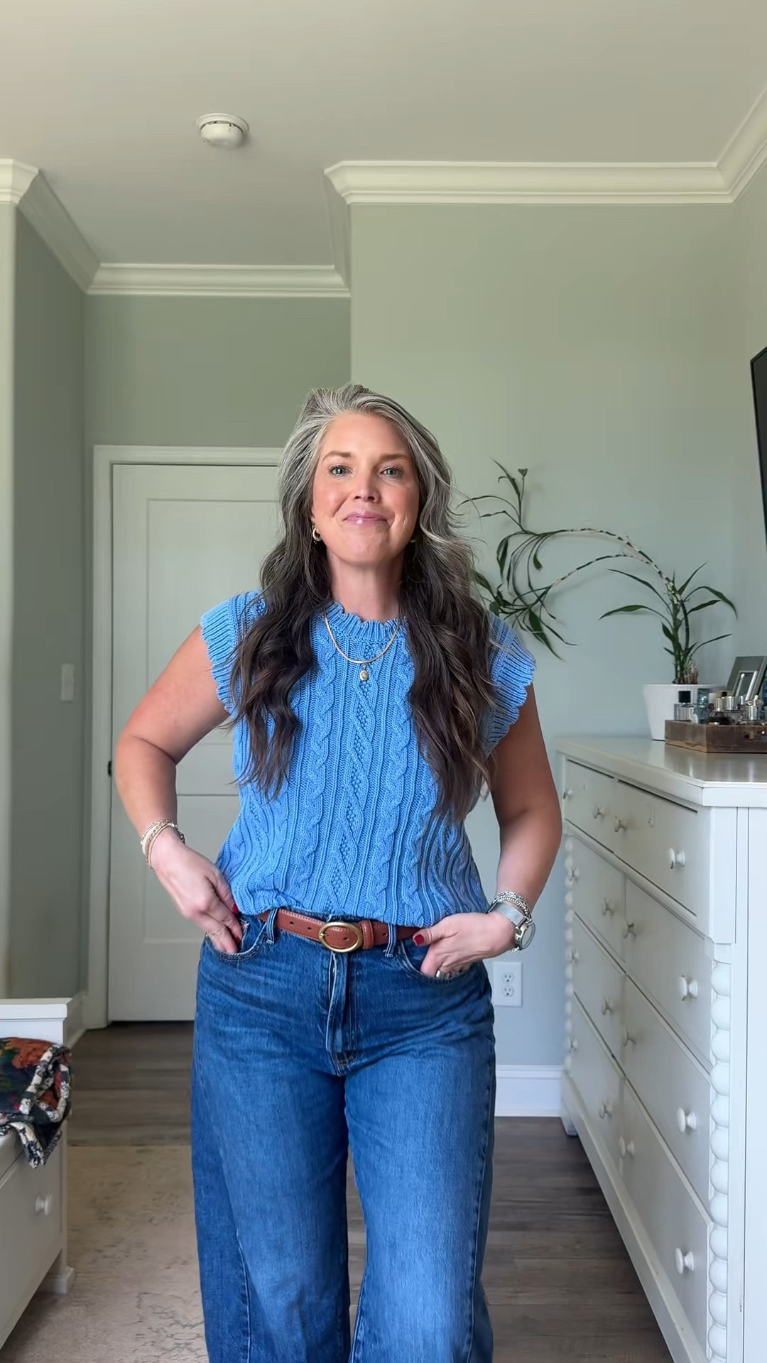 This cable knit 100% cotton sweater is the perfect blue for summer!!💙  
Sweater comes in yellow too
Size large top 
Size 31 jeans

#LTKootd #LTKmomlife #LTKOver40