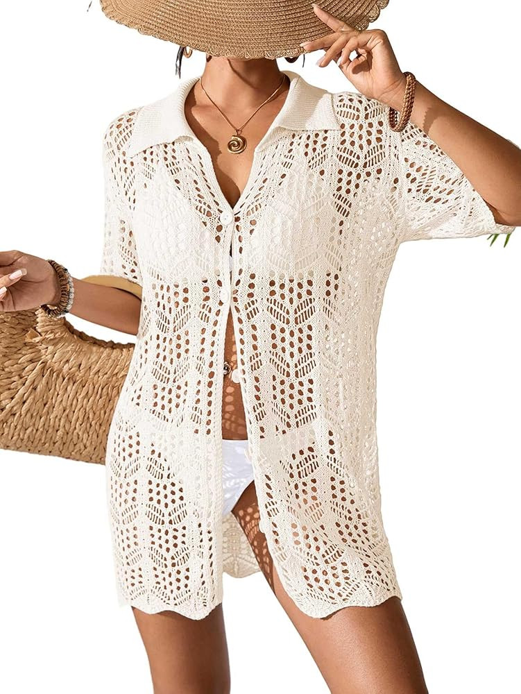 Womens Crochet Knit Polo Collar Swimsuit Coverup Cardigan Summer 2026 Beach Bathing Suit Cover Up... | Amazon (US)