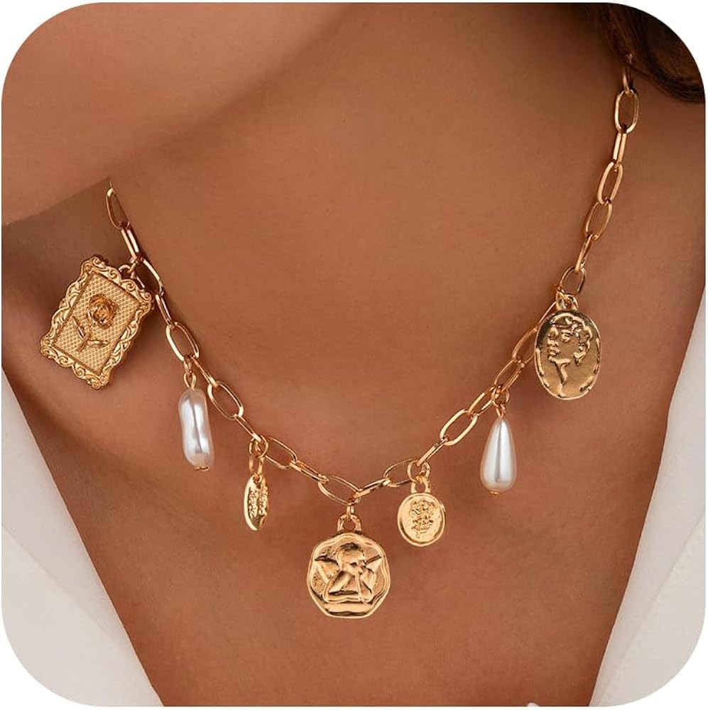 YANCHUN Gold Charm Necklace Beach Jewelry for Women Trendy Summer Shell Pearl Coin Paperclip Chai... | Amazon (US)