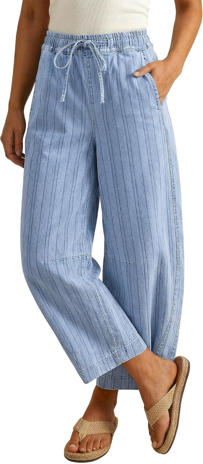 luvamia Barrel Jeans Women Trendy Striped Cropped High Waisted Pull On Elastic Waist Wide Leg Cas... | Amazon (US)