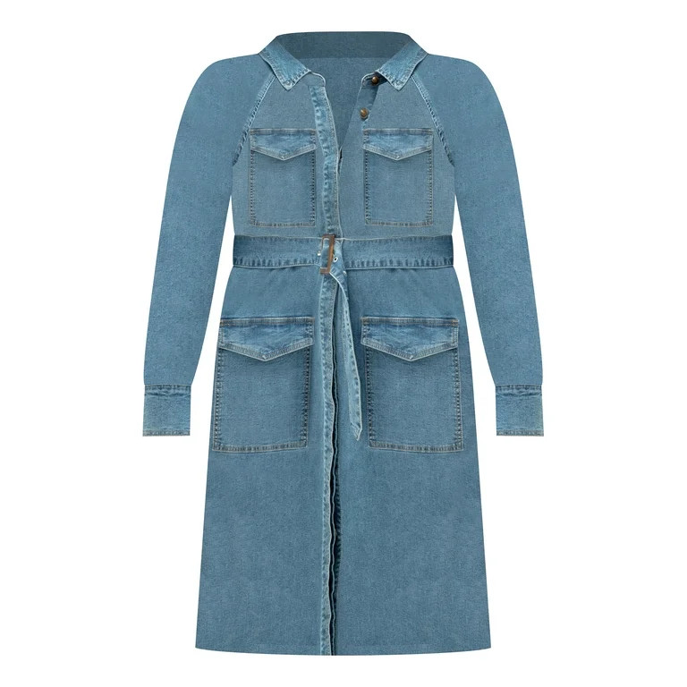 ELOQUII Elements Women's Plus Size Belted Denim Utility Dress - Walmart.com | Walmart (US)