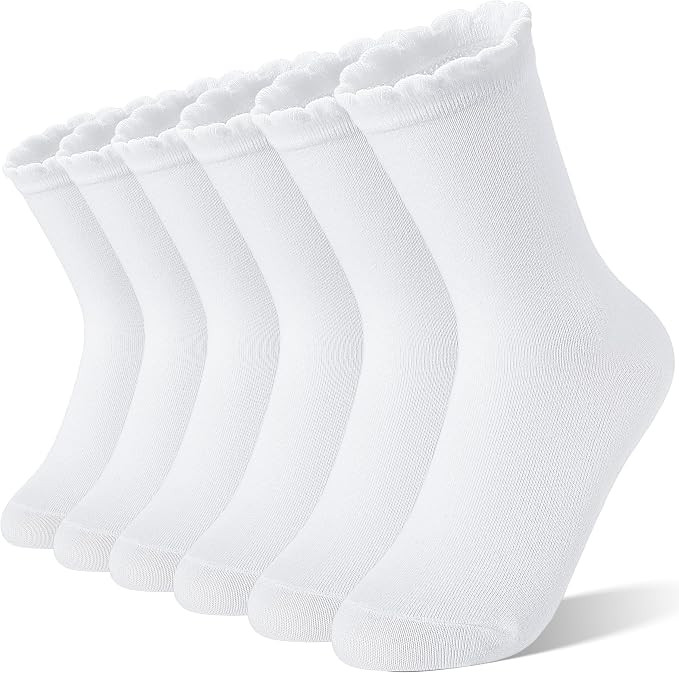 EBMORE Girls Kids Ruffle Socks Uniform School Dress Crew Cotton Textured Breathable Socks 6 Pairs | Amazon (US)