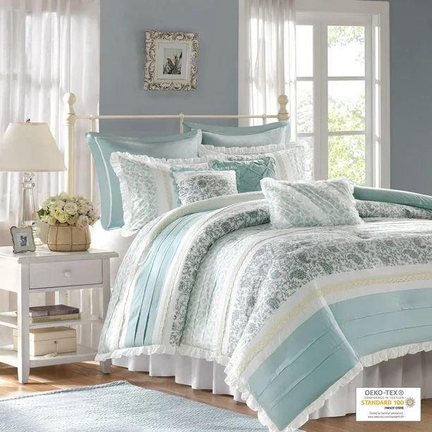 Home Essence Stella 9-Piece Cotton Percale Bedding Comforter Set, Blue, Queen | Walmart (US)