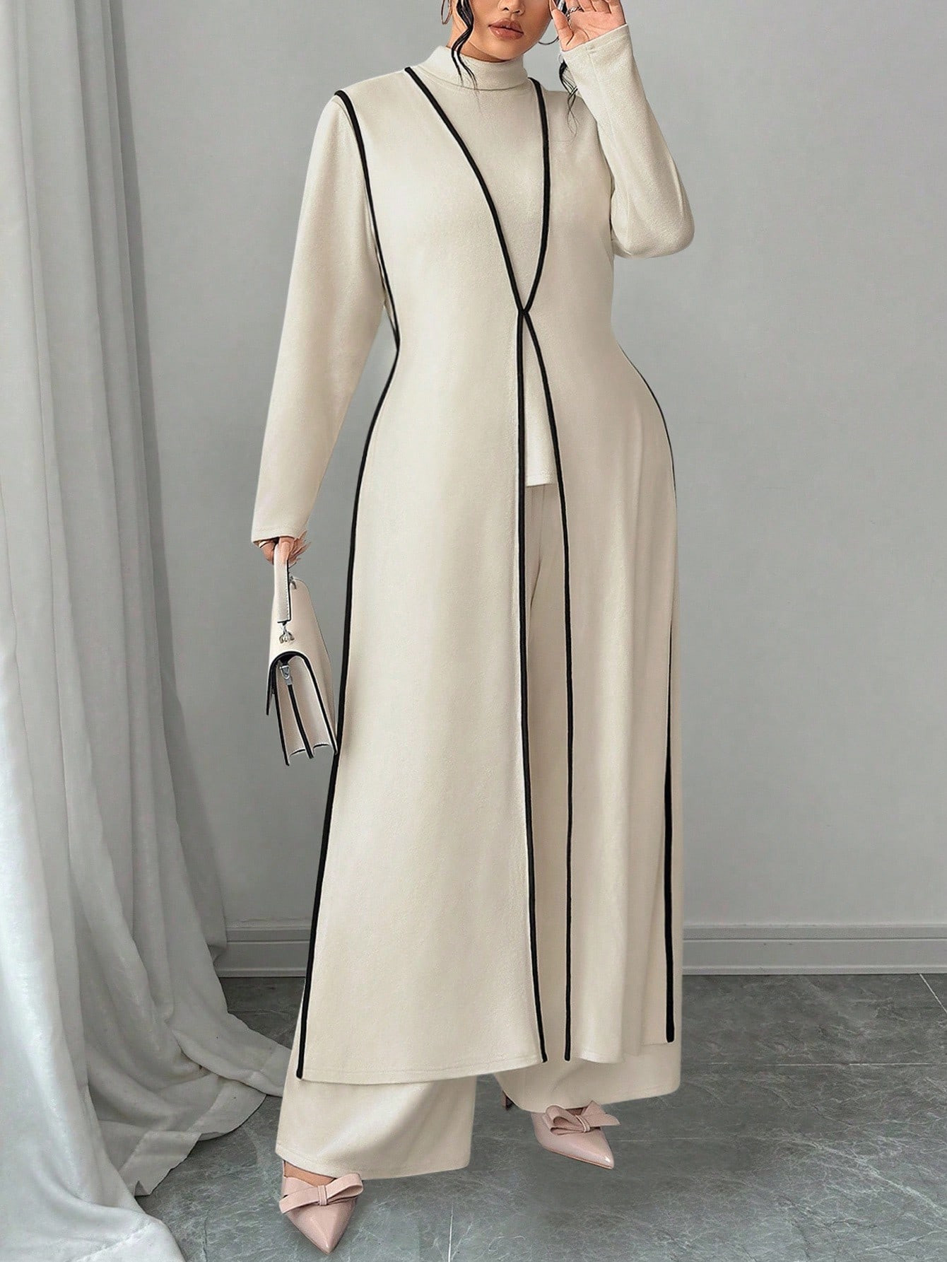 Elenzga Plus Size Women's Solid Color Elastic Knit Stand Collar Long Sleeve Set, Minimalist | SHEIN