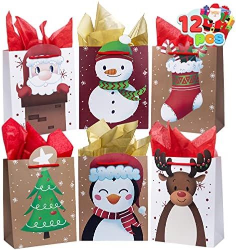 JOYIN 12 PCS Christmas Gift Bags Set 6 Design with Handle 9’’ x 7’’ x 3" Assorted Paper Bags (Snowma | Amazon (US)