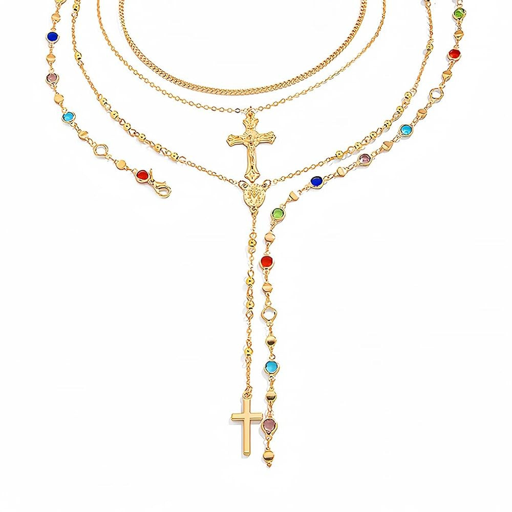 Layered Cross Lariat Necklace, 18K Gold Plated Long Pendant Chain for Women Dainty Stackable Jewe... | Amazon (US)