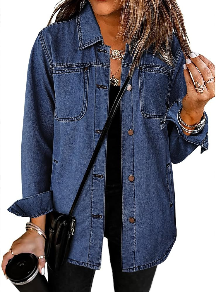 luvamia Denim Jackets for Women Trendy Long Sleeve Button Down Shirt Jacket Jean Shacket with Poc... | Amazon (US)
