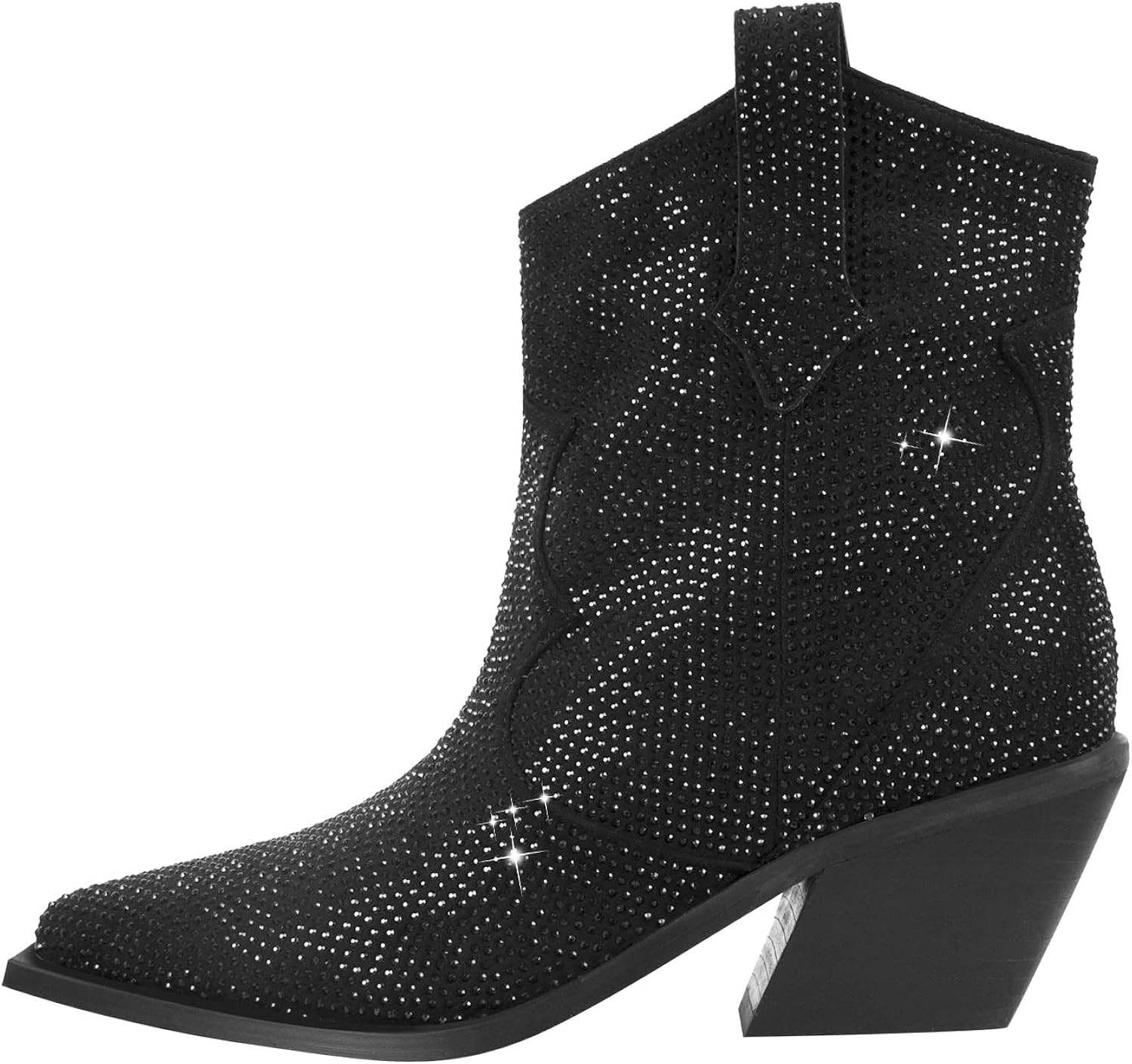 onlymaker Women's Rhinestone Cowboy Ankle Booties Pointed Toe Studded Pull On Chunky Stacked Heel... | Amazon (US)