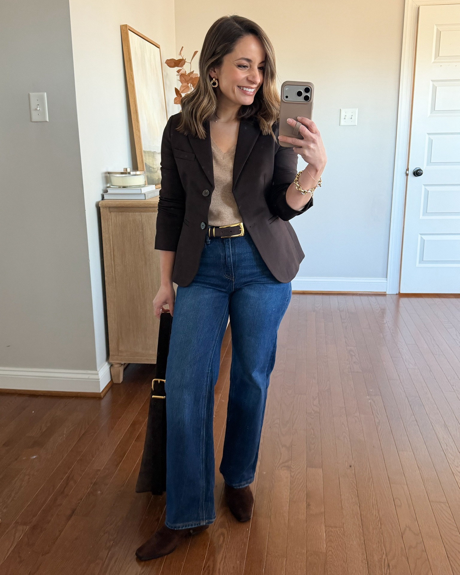 One chocolate brown blazer, three ways to style it!

Brown blazer (Banana Republic): petite xxs - size up if in between sizes 

Outfit 1:
Jeans (Quince): 24 x 28” in stormy blue
Tan Sweater (Quince): xs in oatmeal 
Belt (Madewell) 
Boots (Steve Madden) 
Bag (Madewell) 

Outfit 2:
Green pants (Banana Republic): petite xs - 10” rise, 26.5” inseam
Brown top (Amazon): xs
Scarf (Sezane) 
Pointed toe flats: tts

Outfit 3:
Brown pants (Banana Republic): xs - standard sizing 10” rise, 26.5” inseam
White button down (J.Crew Factory): petite xxs
Scarf (Sezane) 
Pointed toe flats: tts

My measurements for reference: I’m 4’10” and 105lbs. My bust, waist, and hip measurement is 32”, 24”, and 36”.

#LTKSaleAlert #LTKPetite #LTKWorkwear