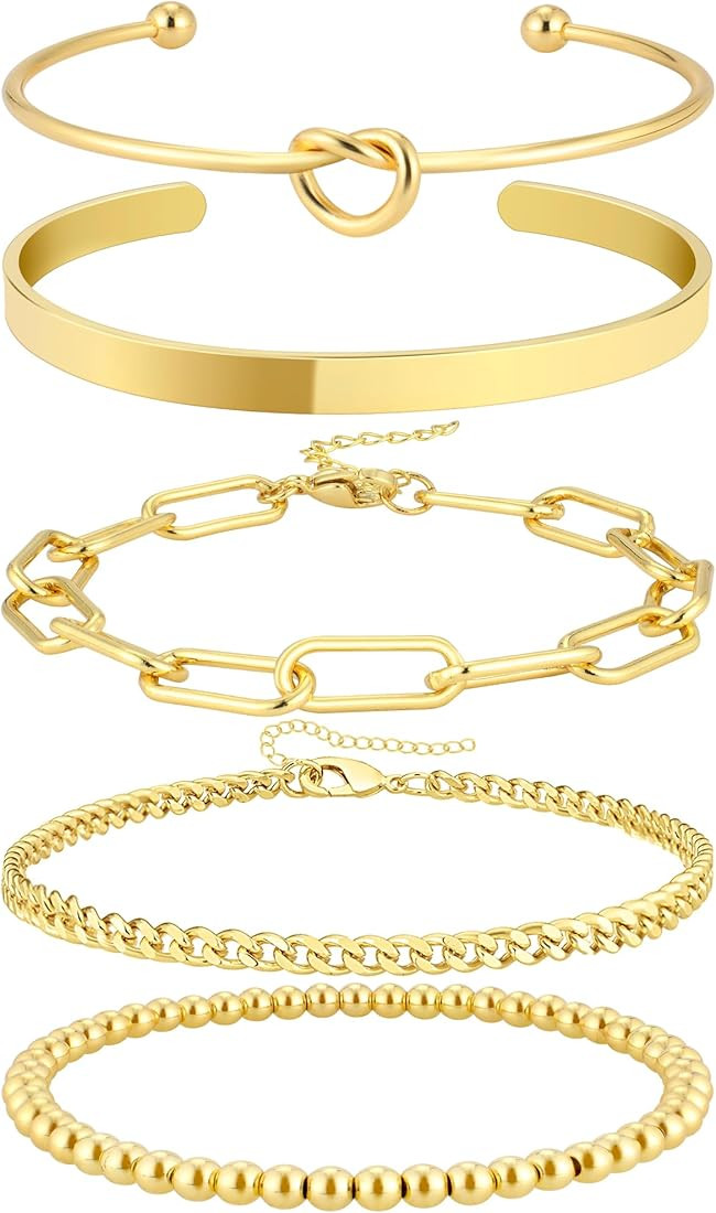 14K Gold Plated Bangle Cuff Bracelets Set for Women Trendy Dainty Gold Chain Bracelet Stack for W... | Amazon (US)